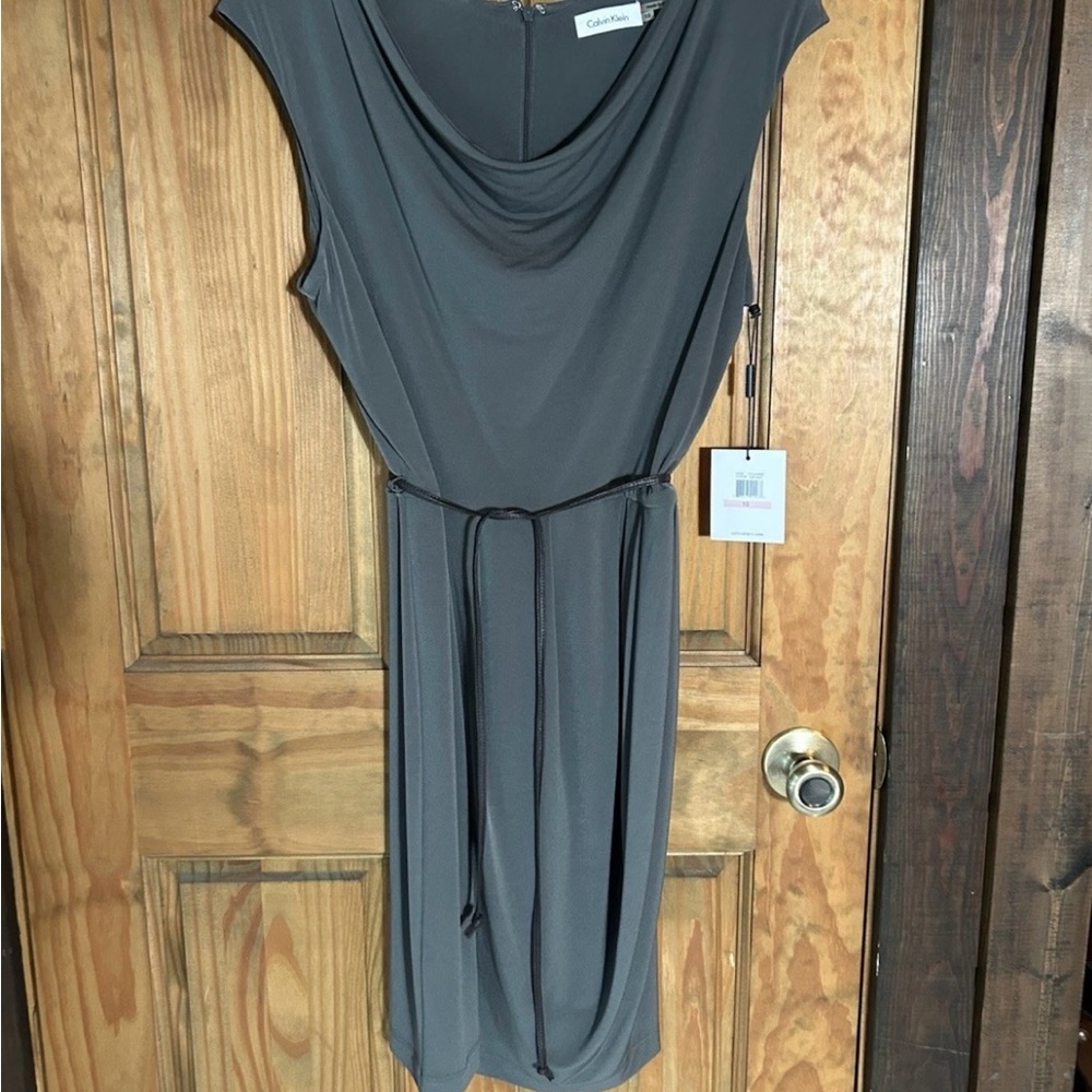 Calvin Klein Drab Olive Green Midi Dress Cap Sleeve Skinny Leather Belt